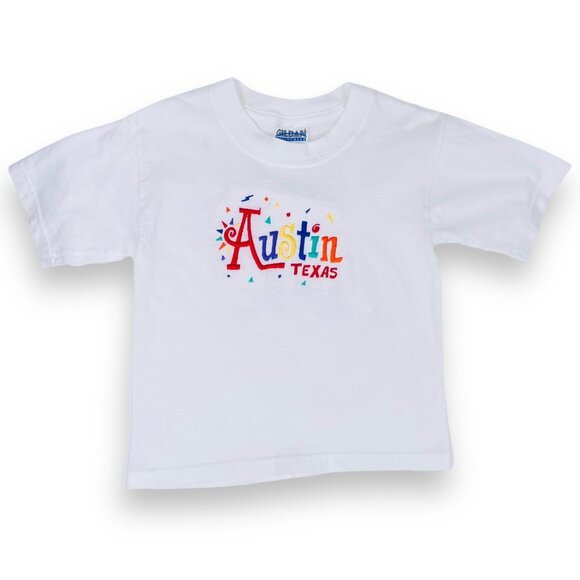 Vintage 90s AUSTIN TEXAS Embroidered White Short Sleeve Travel T-Shirt Top 6 - 8 - Picture 1 of 9